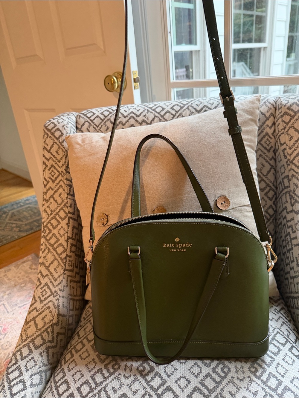 kate spade Olive Green Leather Dome Satchel with Crossbody Strap